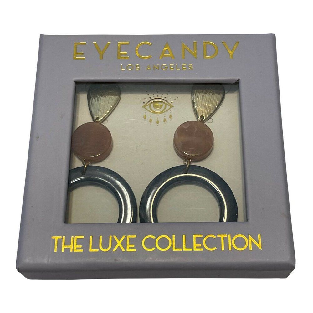 NWT eye candy gold tone dangle Drop earrings round Circle Blue Marbled Box